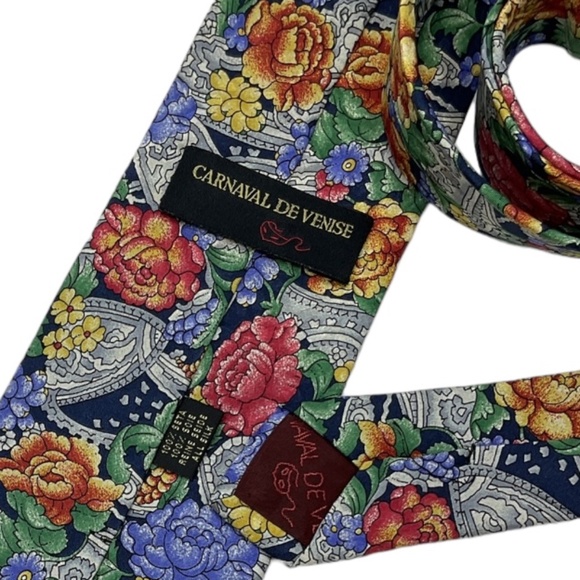 CARNAVAL DE VENISE Blue/Gray Floral Silk LUXURY Tie HANDMADE ITALY - Picture 3 of 5